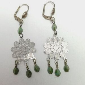 Vintage Dangle Earrings, Silver Tone and Green Beaded Fringe, Retro Estate